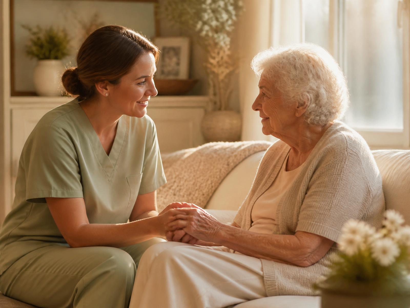 Caregiver holding hands with an elderly woman in a sunlit living room